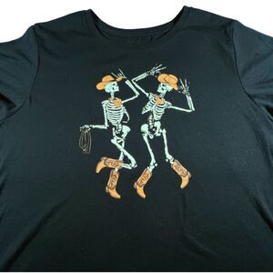 Womens Halloween Dancing Skeleton cowboys Black Tshirt Large
